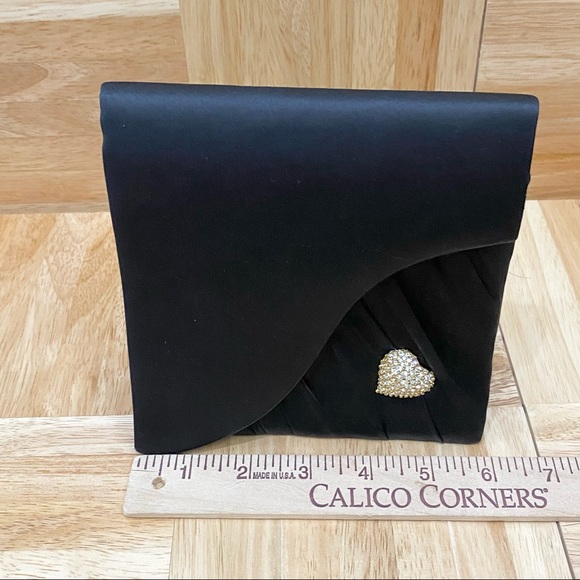 INGE CHRISTOPHER Black Silk Satin Evening Bag with Heart Bling Rhinestone - Picture 11 of 13
